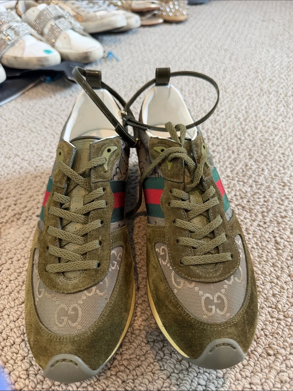 Gucci women Olive Green Web Stripe Runner Sneakers